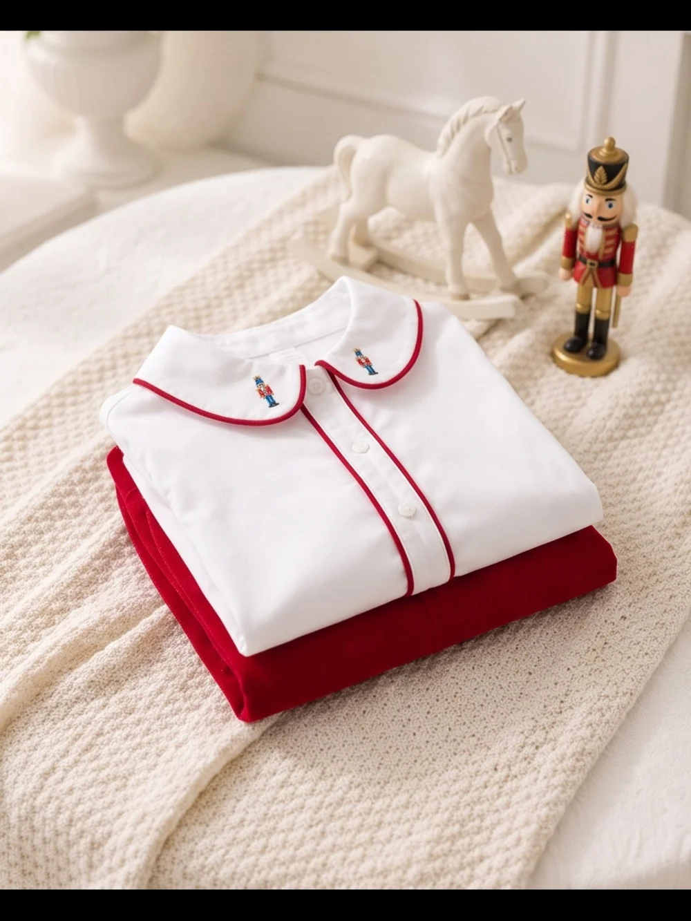 White Peter Pan Collar Top and Red Velvet Shorts Set